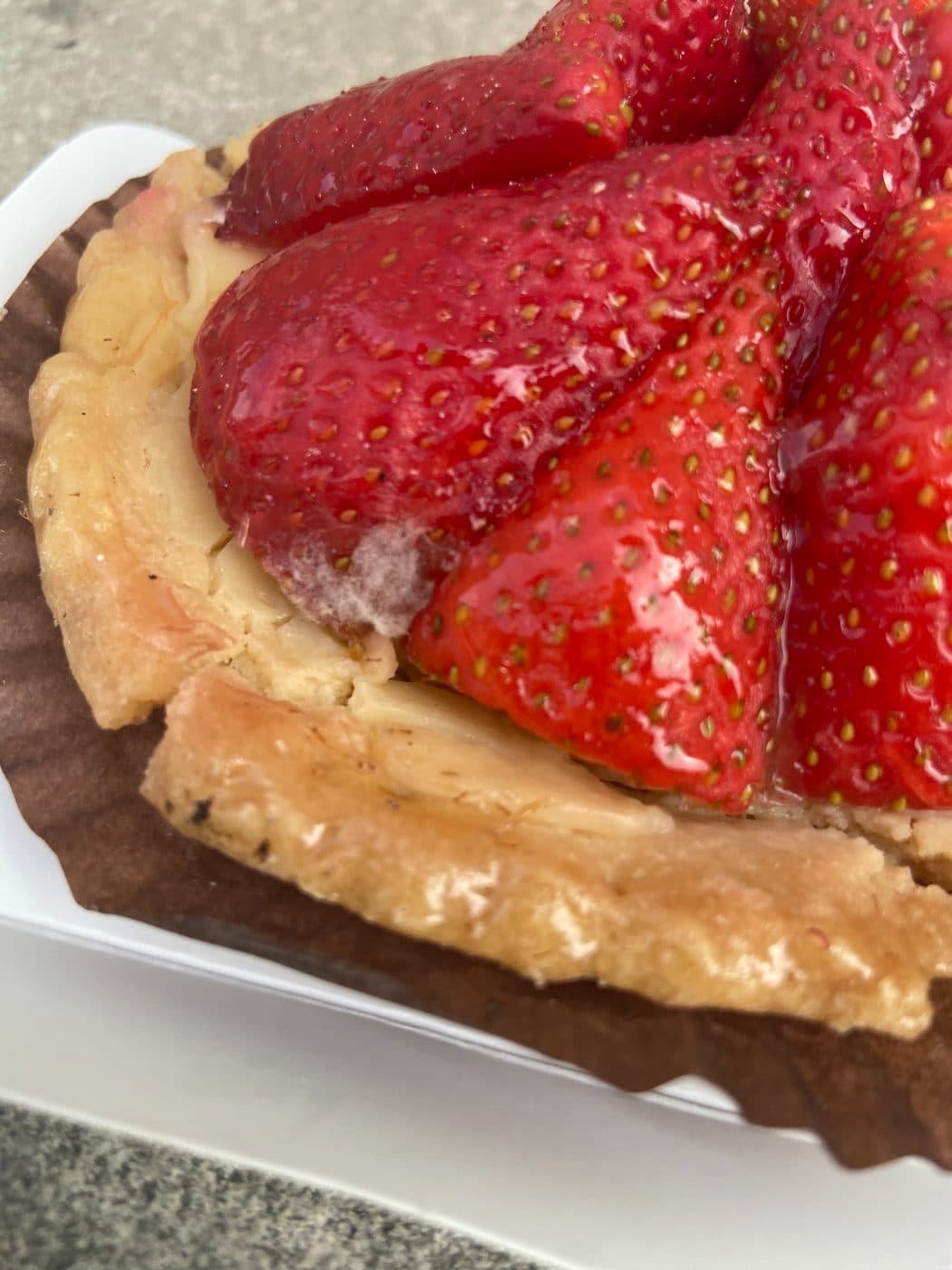 Une tartelette aux fraises fraîches nappées, sur fond de crème, dans sa caissette.